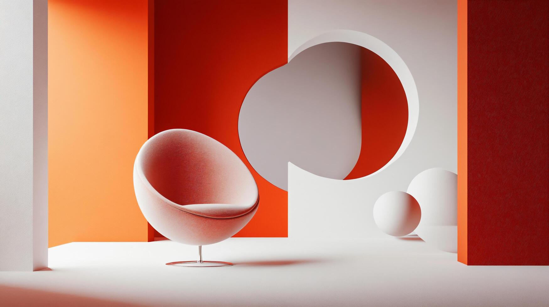 White chair is sitting in front of a wall with a red stripe. The chair is the main focus of the image, and it is a modern design. The room is empty, with no other furniture or objects visible photo