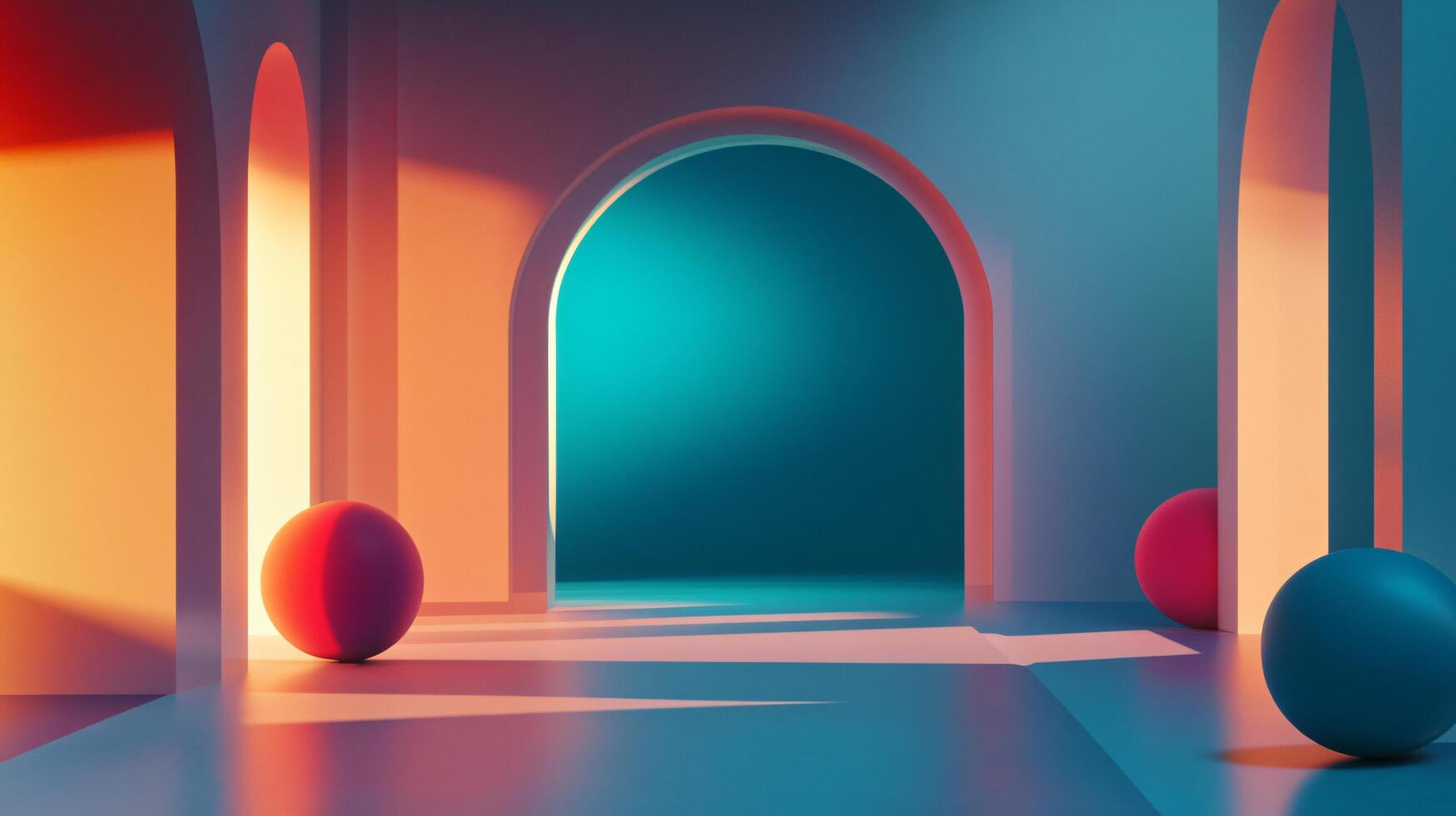 Blue and red room with a blue archway. The archway is lit up and the room is empty photo