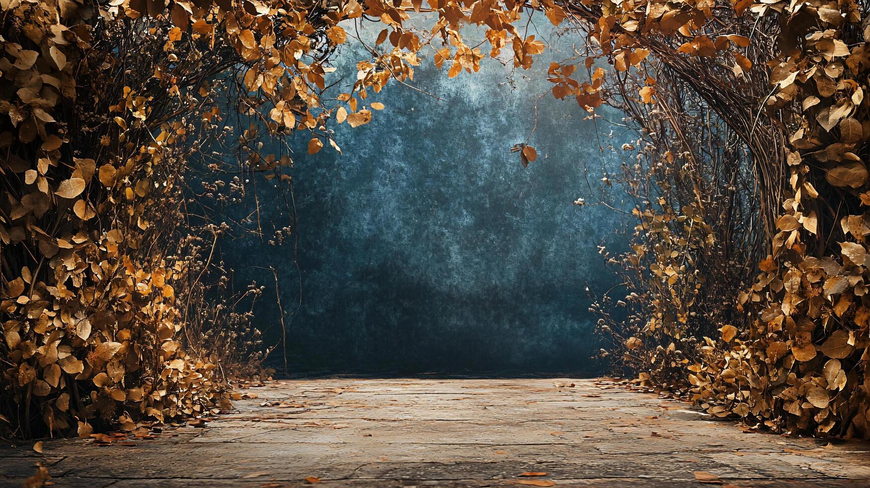 Large archway of leaves is shown in front of a blue wall. The leaves are scattered all over the ground, creating a sense of depth and dimension photo