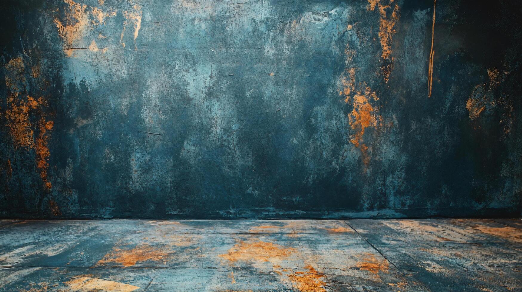 Wall with a blue background and orange splatters. The wall is empty and has a lot of texture photo