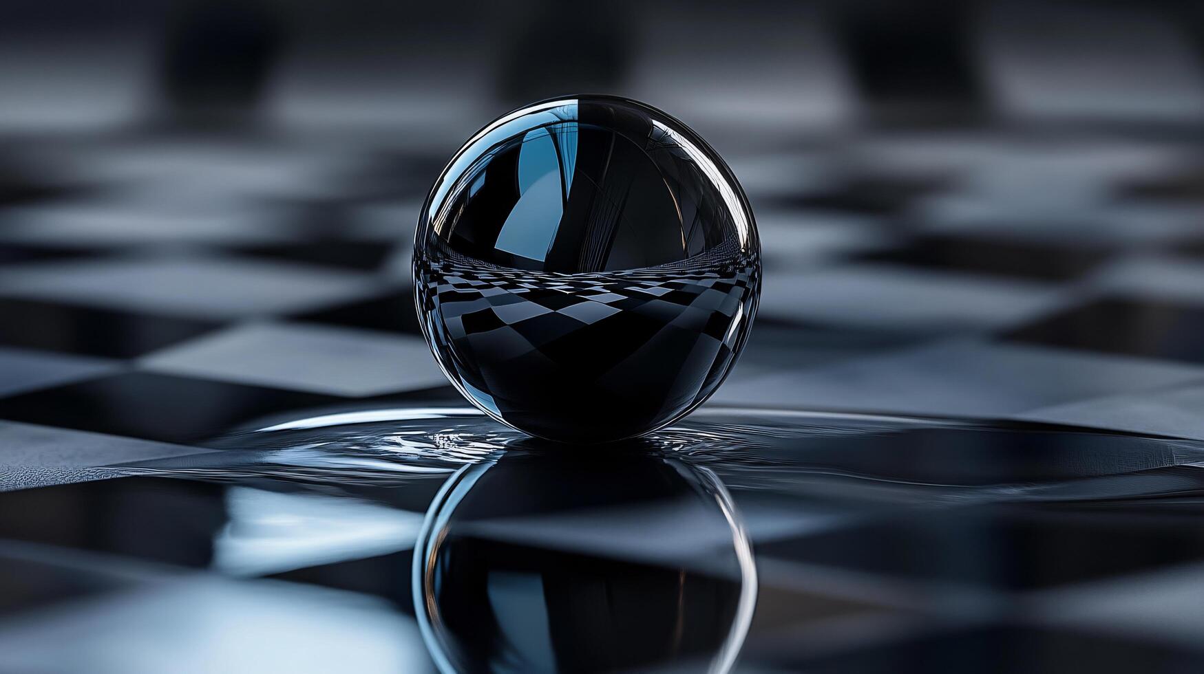 Black ball is sitting on a wet surface. The reflection of the ball is visible in the water photo