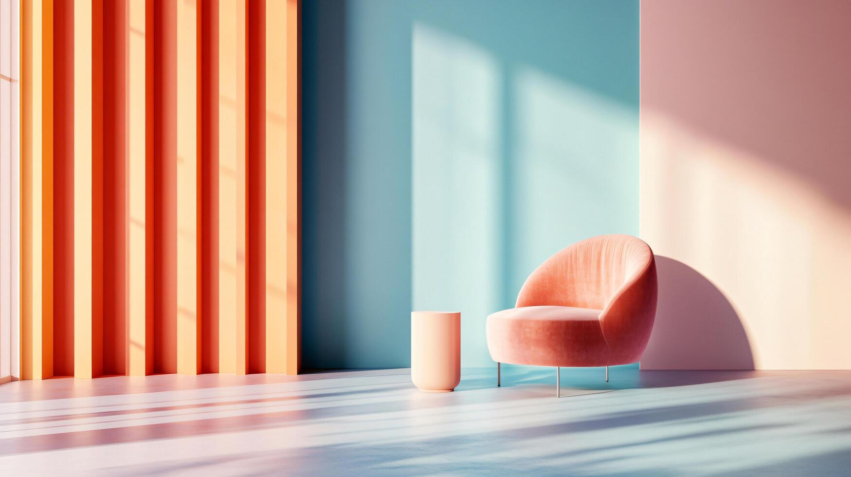 Pink chair sits in front of a blue wall. The chair is the focal point of the room, and the blue wall serves as a neutral background. The room has a modern and minimalist design, with the orange photo