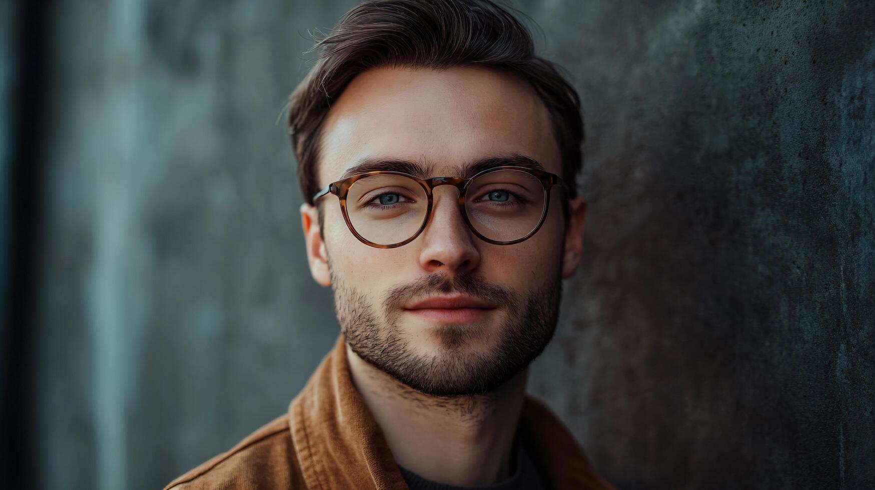 Man wearing glasses and a brown jacket is standing in front of a wall. He has a serious expression on his face photo