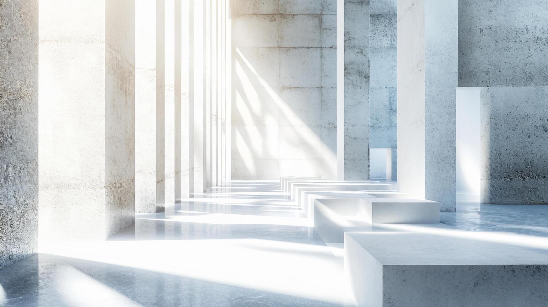 Large, empty room with white pillars and a white floor. The room is very open and has a lot of natural light coming in from the windows. The mood of the room is very clean and minimalist photo