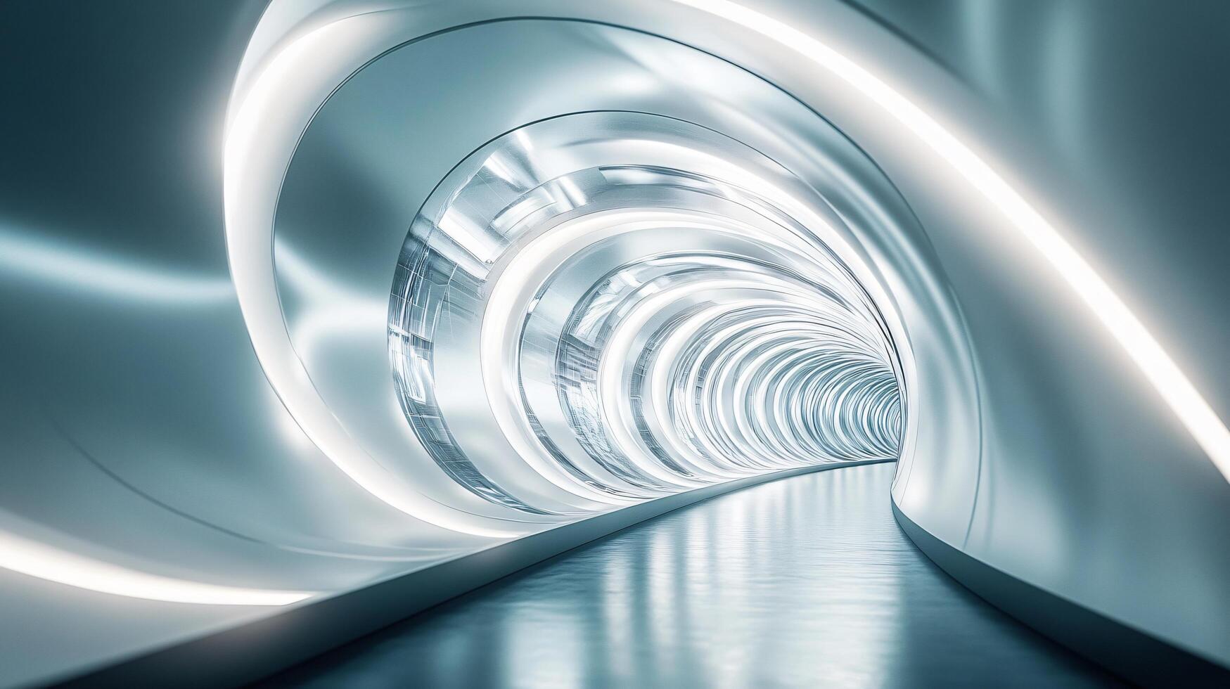 Long, narrow tunnel with a spiral shape. The tunnel is made of metal and is illuminated by lights. The tunnel appears to be empty and quiet, with no people or objects visible photo