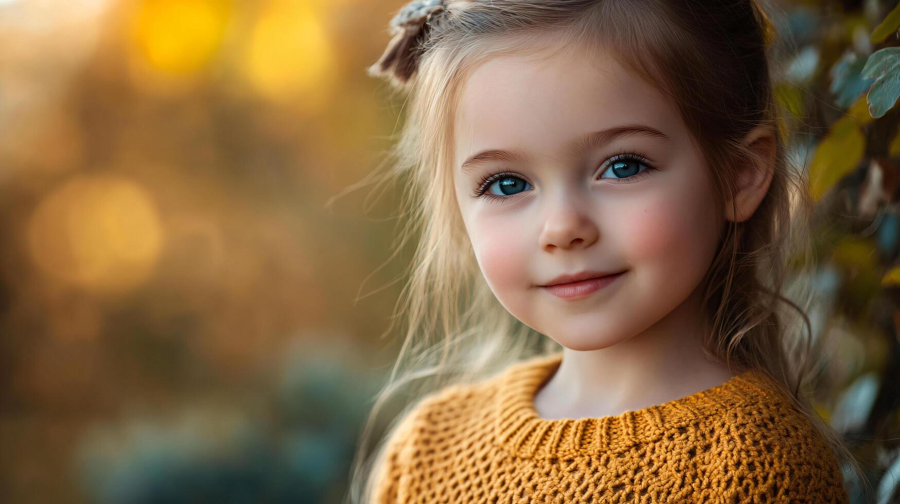 Young girl with blonde hair and blue eyes is wearing a yellow sweater and smiling. The image has a warm and cheerful mood, with the girl's bright smile and the bright colors of her clothing photo
