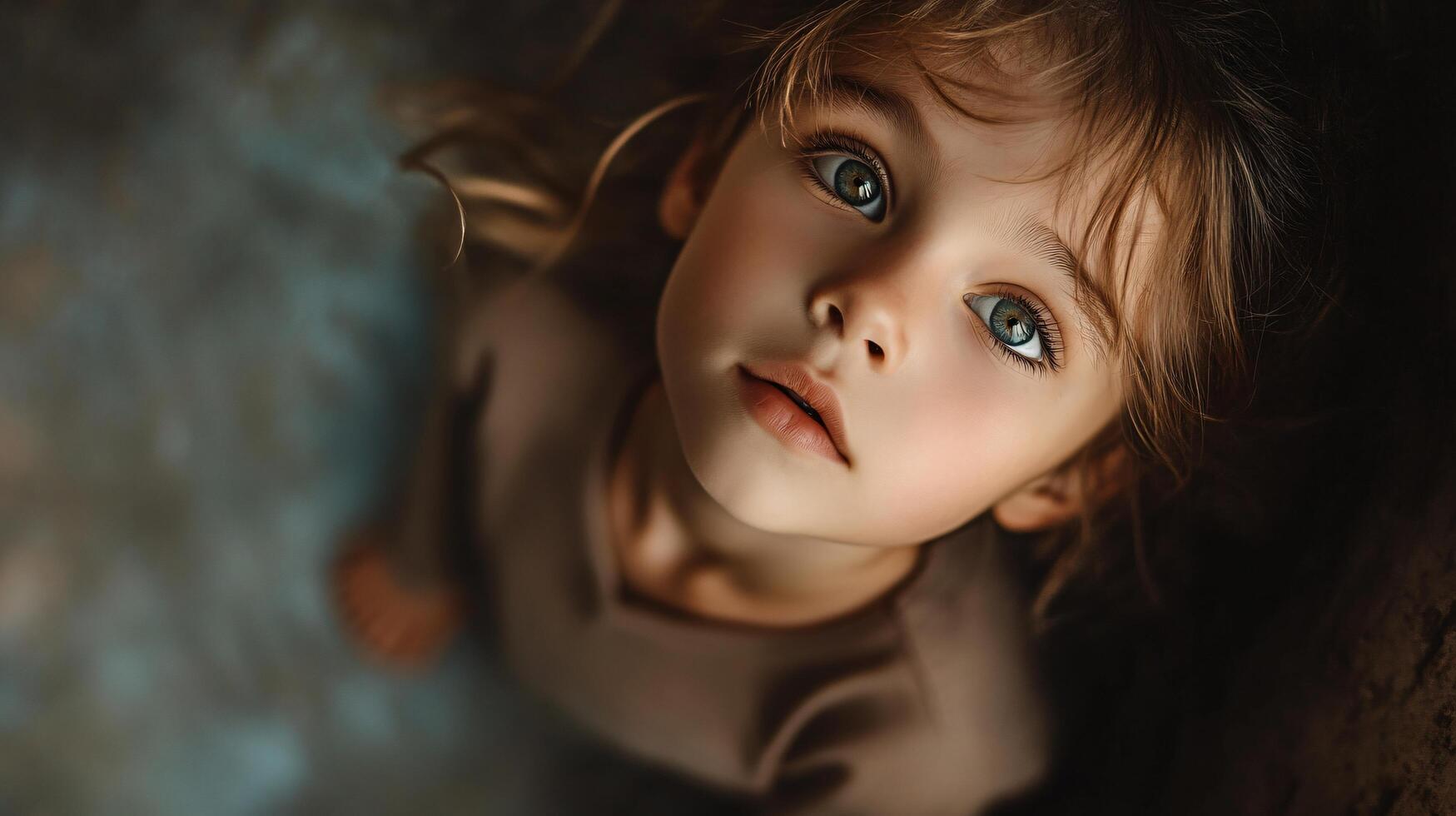 Young girl with brown hair and blue eyes is looking up at the camera. She is wearing a brown shirt and she is in a pool photo