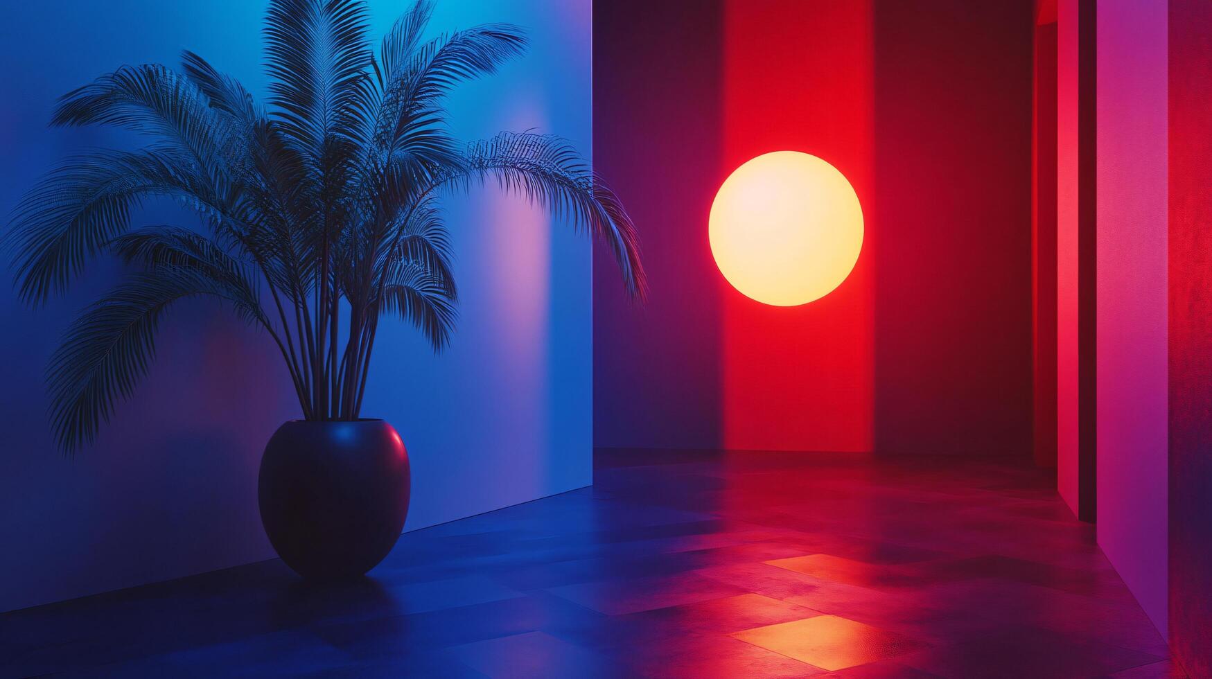 Room with a red and blue light and a plant in a black vase. The room is dimly lit and the light is creating a warm and inviting atmosphere photo