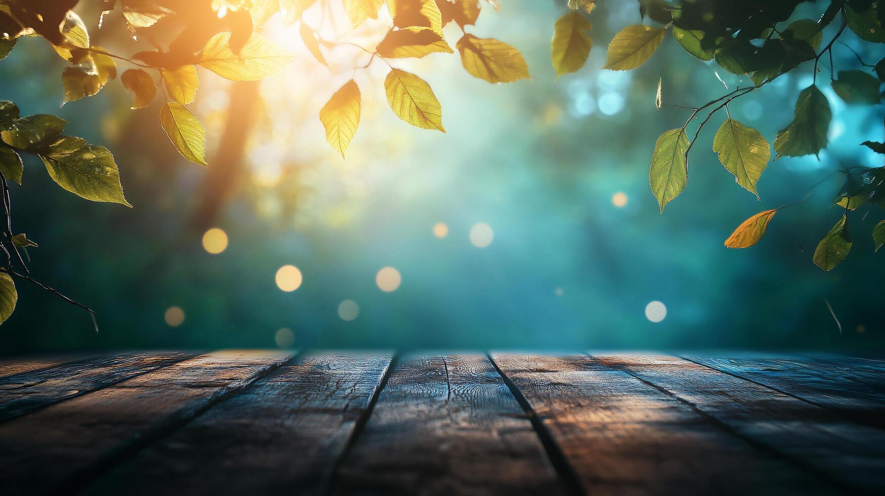 Forest scene with a wooden table in the foreground. The table is empty and the background is filled with trees and leaves photo