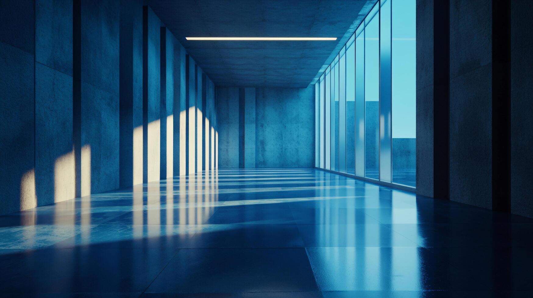 Large, empty room with blue walls and a blue floor. The room is illuminated by sunlight coming in through the windows photo