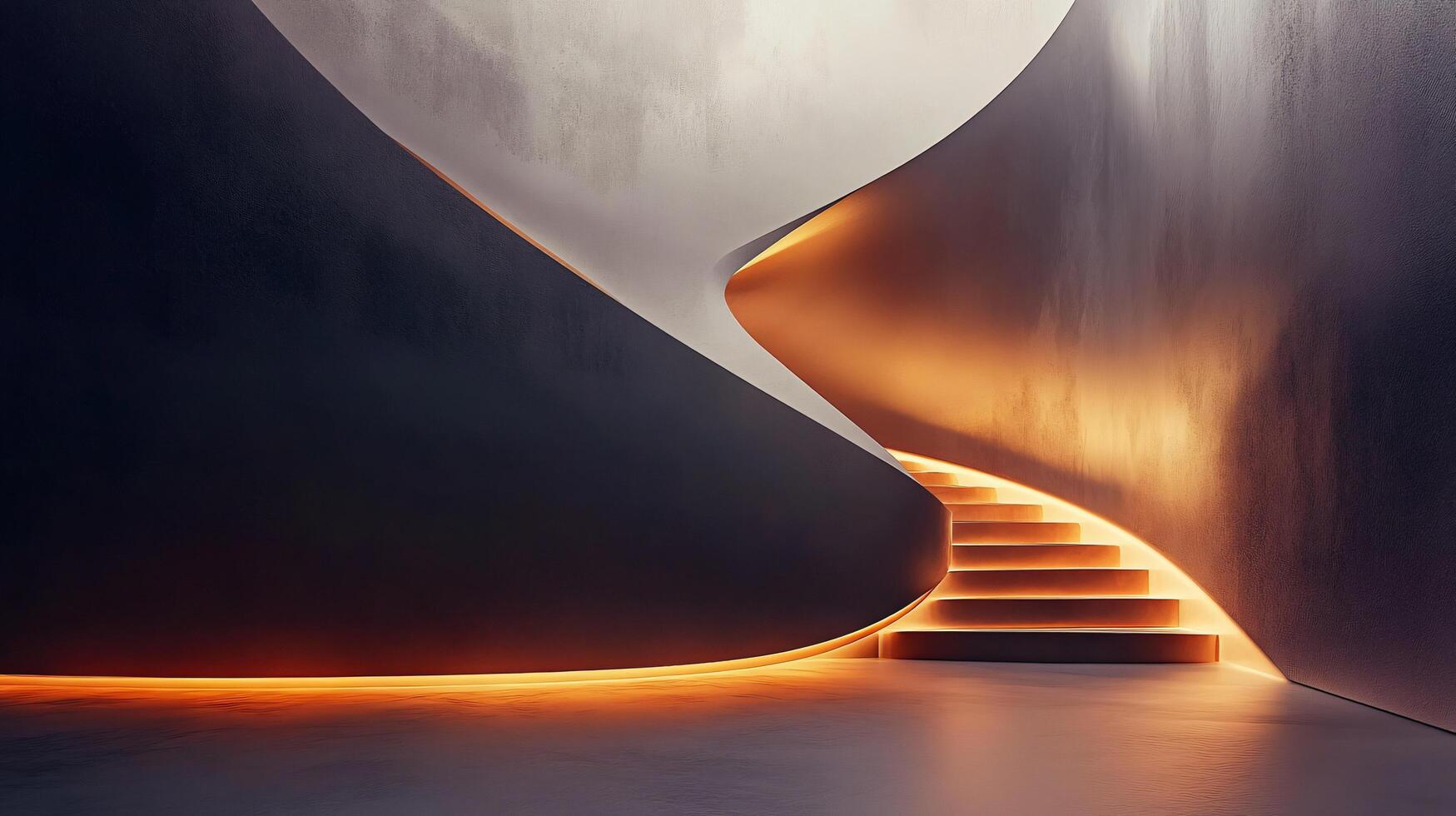 Staircase is lit up with orange lights, creating a warm and inviting atmosphere. The staircase is located in a large, empty room with a dark, industrial feel photo