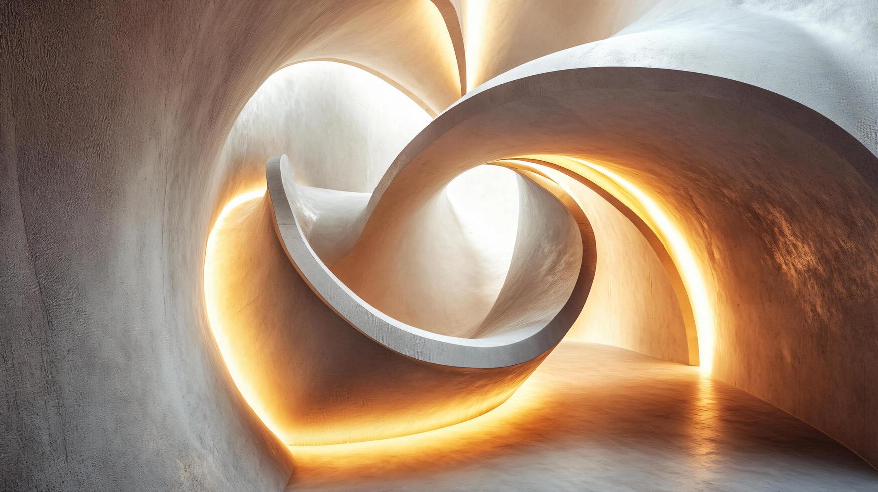 Spiral shaped structure with a heart shape in the middle. The heart is surrounded by a white wall and the spiral is illuminated by light photo