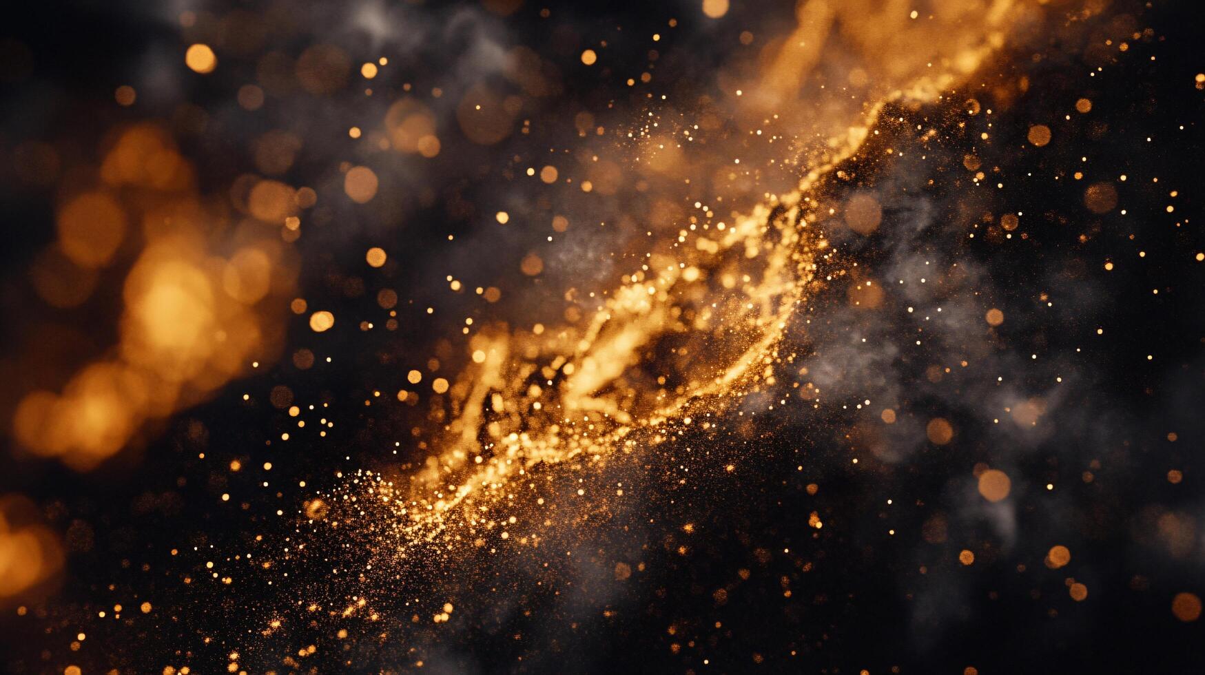 Blurry image of a starry sky with a bright orange line in the middle. The orange line is surrounded by a lot of small dots, giving the impression of a glowing trail. Scene is dreamy and ethereal photo