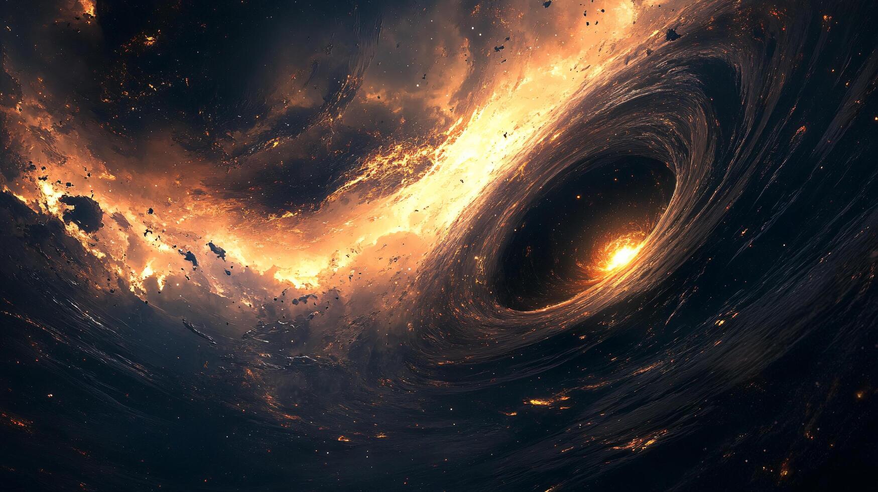 Spiral galaxy with a black hole in the center. The galaxy is filled with stars and dust, and the black hole is surrounded by a bright orange glow photo