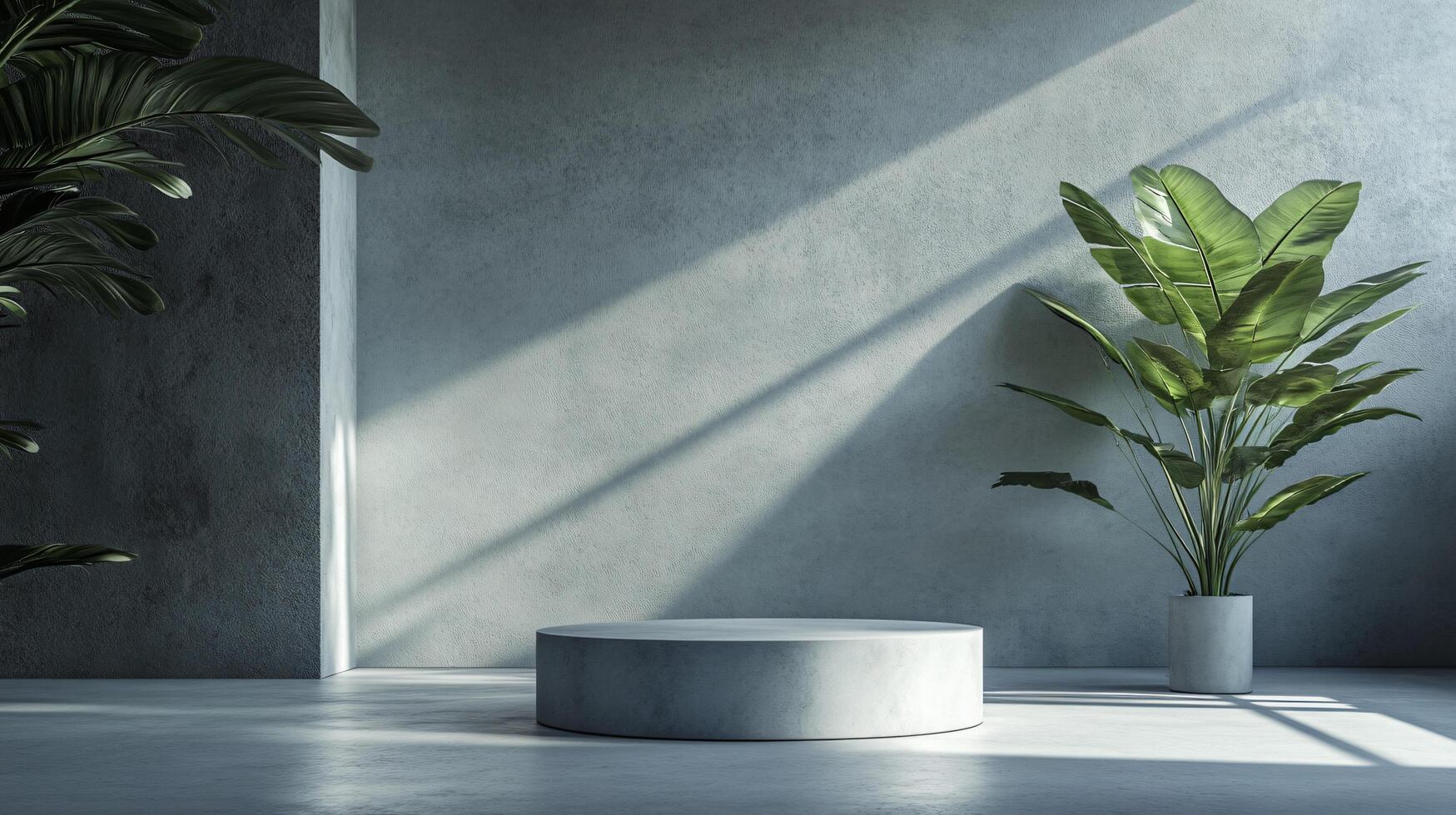 Small, round pedestal sits in front of a large plant. The pedestal is empty, and the plant is tall and green. The room is mostly gray, with a few windows letting in natural light photo