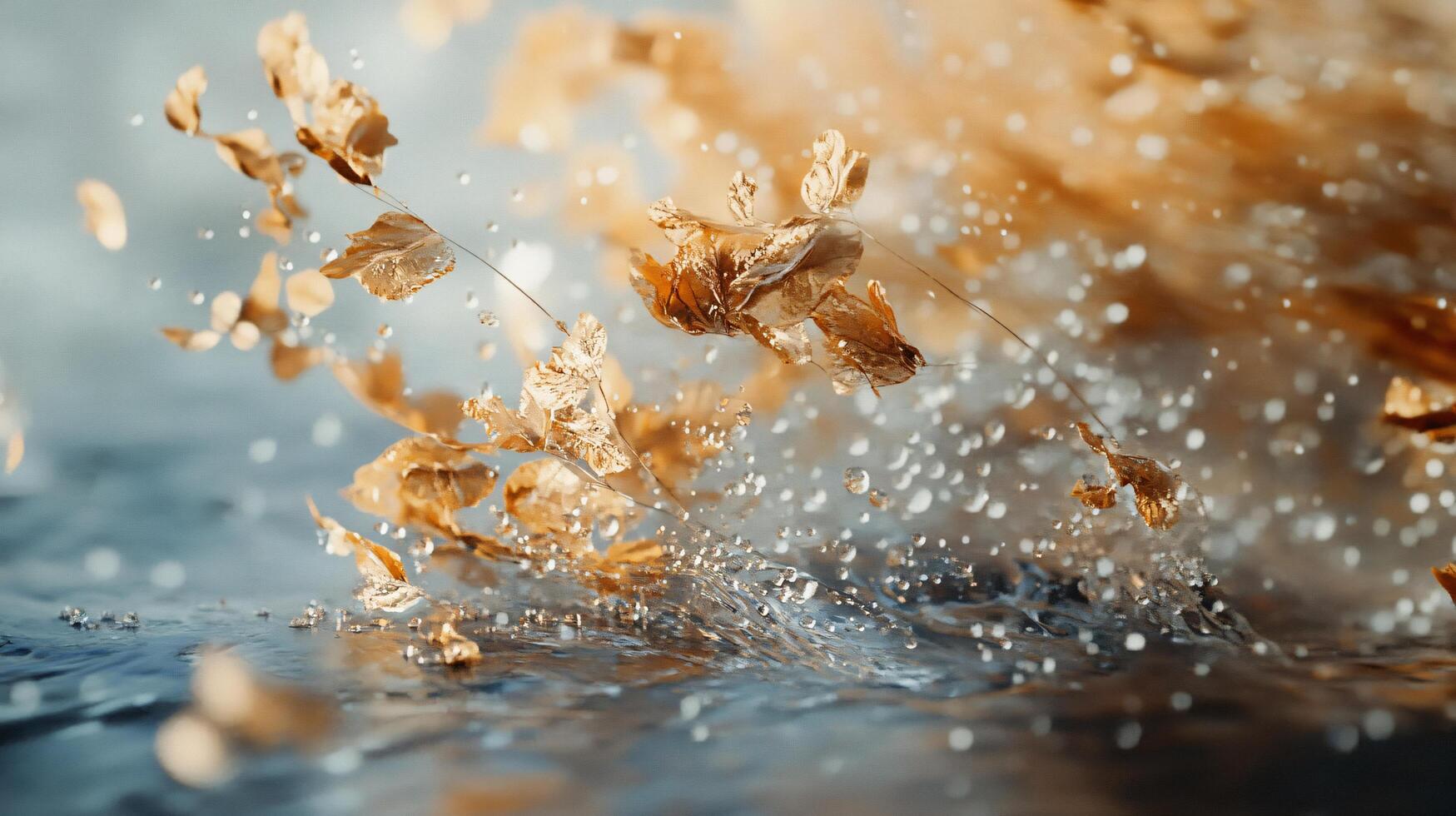 Beautiful scene of water with leaves and butterflies flying in the air. The leaves are scattered all over the water, creating a sense of movement and life photo