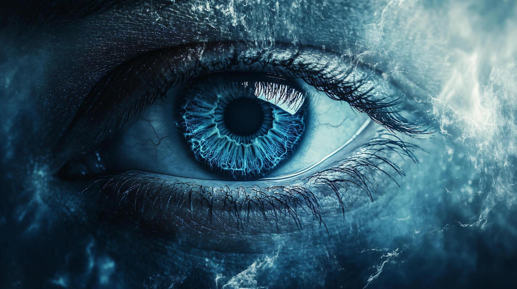Close up of a person's eye with a blue tint. The eye is surrounded by a blurry blue background photo