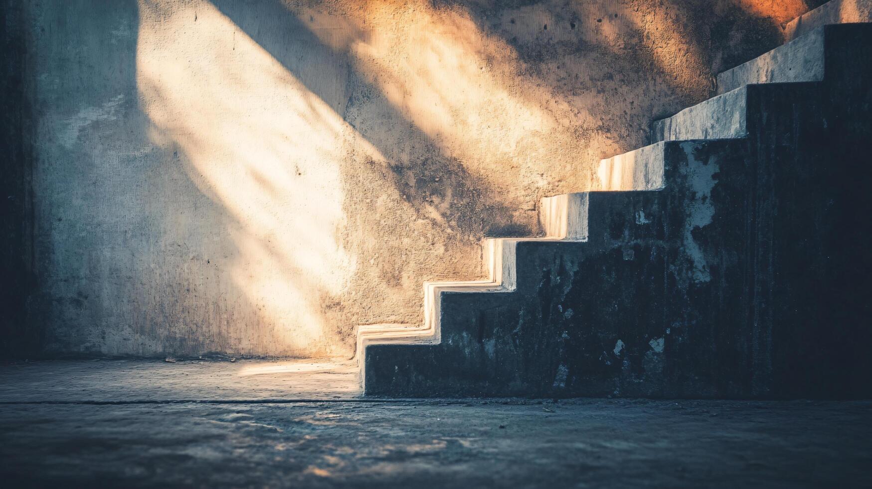 Staircase is shown in a room with sunlight shining on it. The staircase is made of concrete and is very tall photo