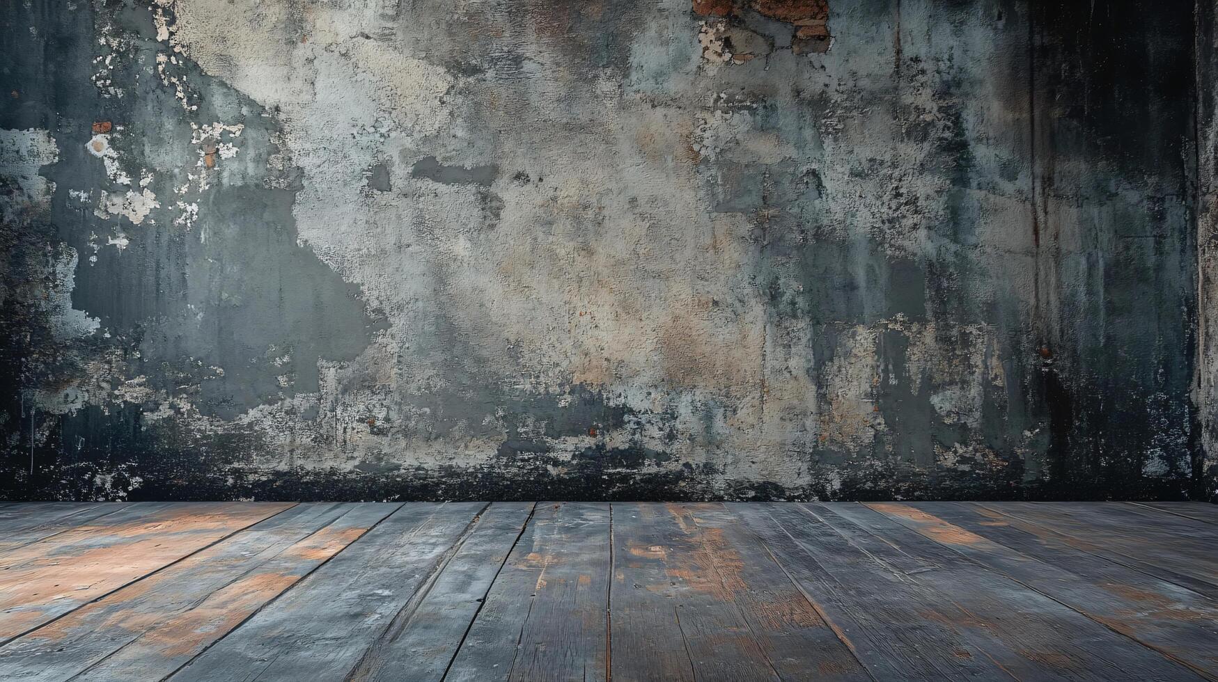 Large, empty room with a wooden floor and a wall covered in graffiti. The room has a raw, industrial feel to it, with the graffiti adding a sense of urban decay photo