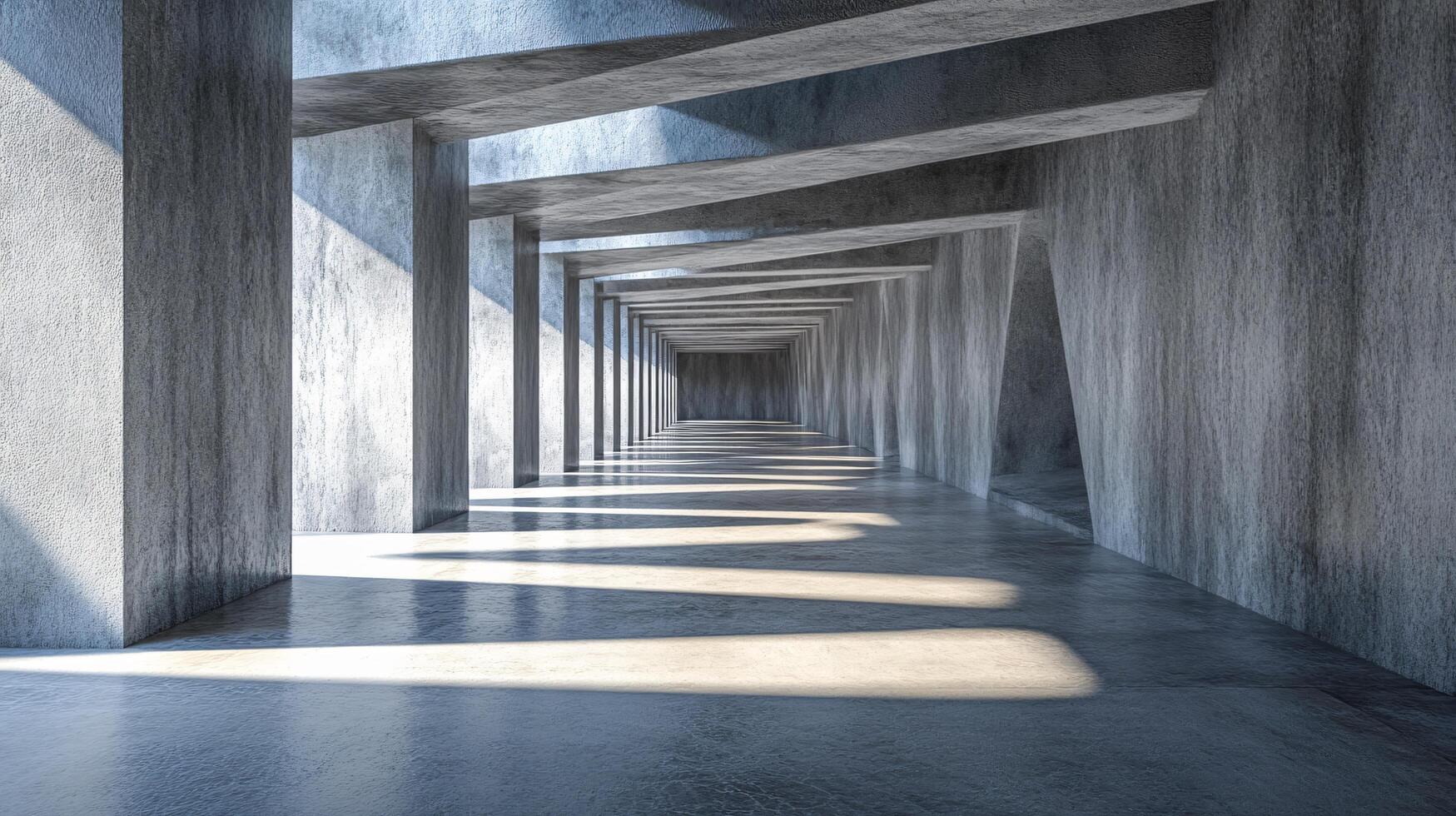 Long, narrow hallway with a lot of light shining on the floor. The walls are made of concrete and the floor is made of concrete as well. The hallway is empty and the light is coming from the ceiling photo