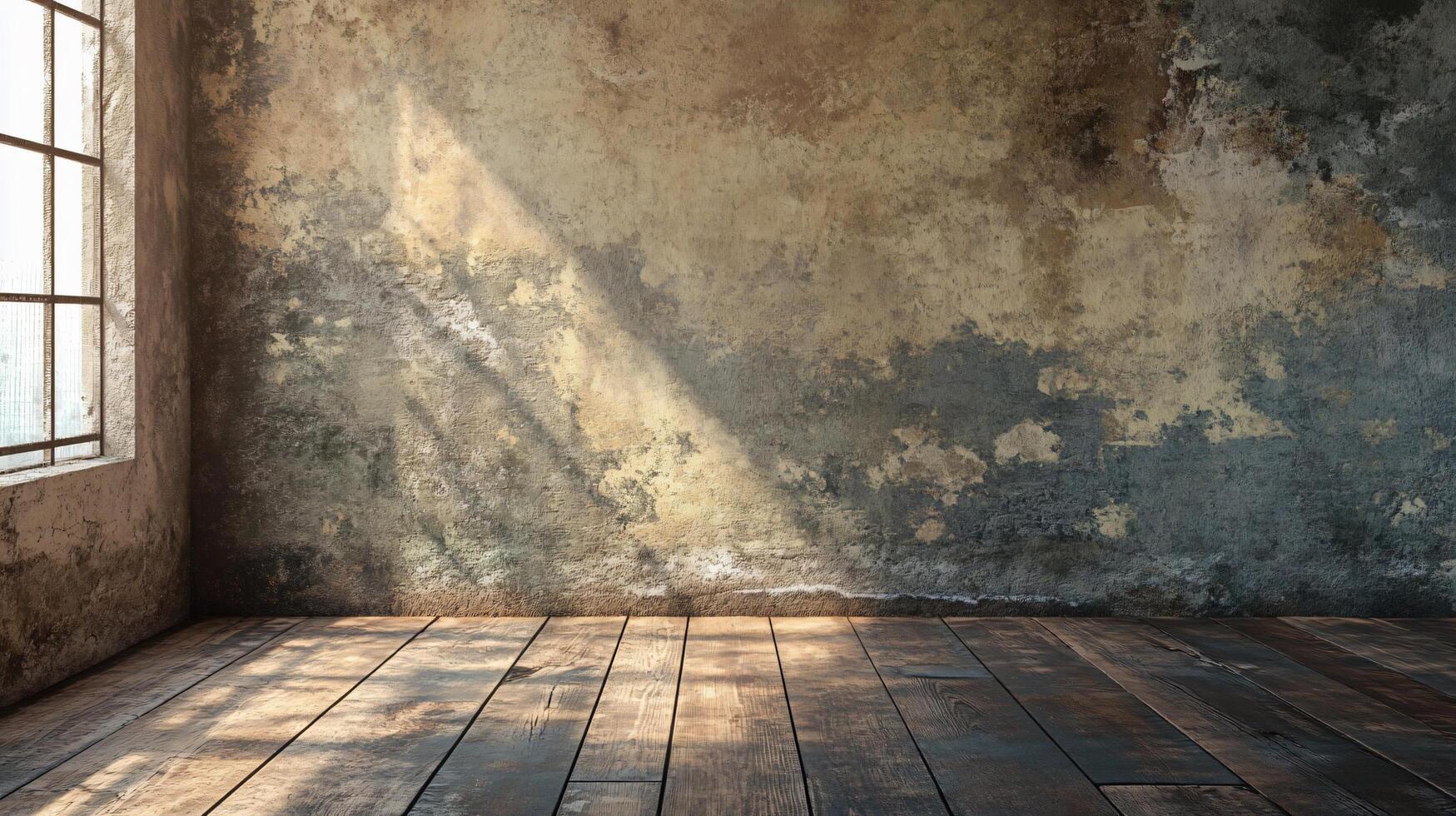 Room with a window and a wall with a lot of cracks. The room is empty and has a lot of sunlight coming in through the window photo
