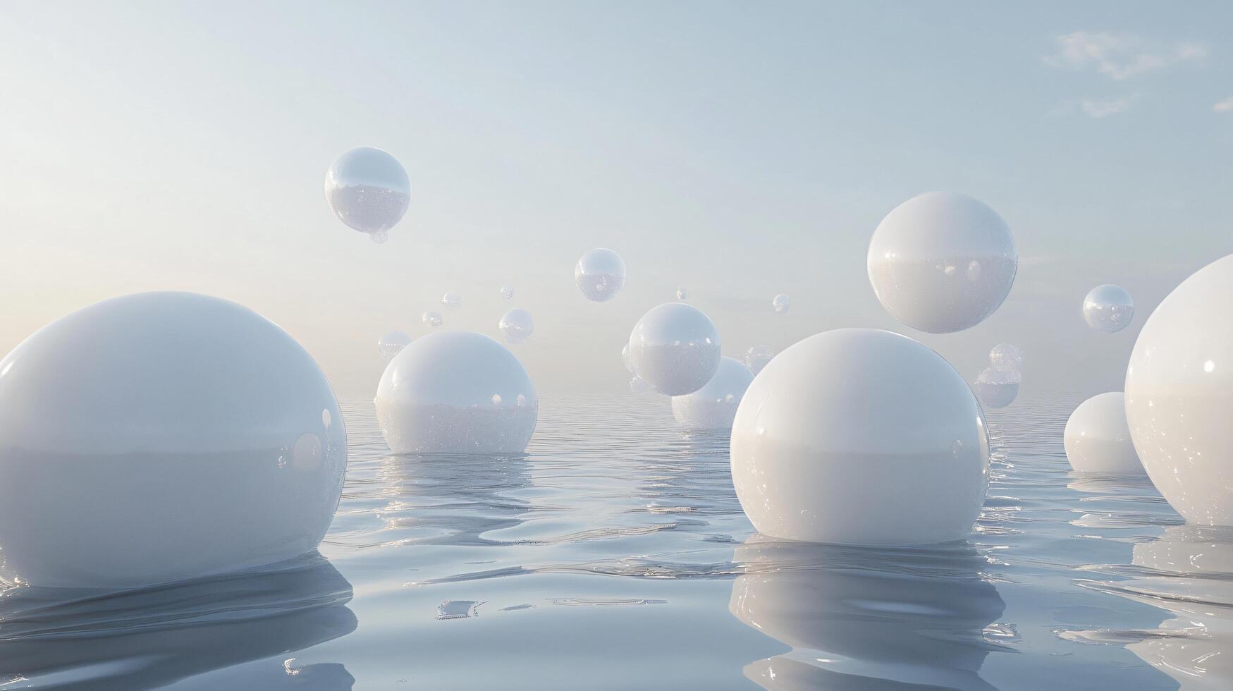 Large number of white spheres are floating in the water. The scene is serene and peaceful, with the water reflecting the light from the sun. The bubbles seem to be floating effortlessly photo