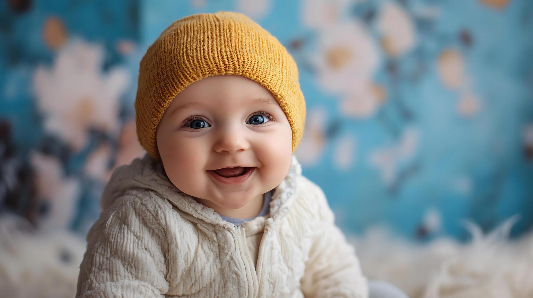 Baby wearing a yellow hat and a white jacket is smiling. photo
