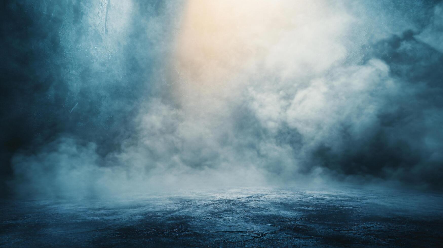 The sky is filled with smoke and the light is shining through it, creating a hazy and mysterious atmosphere. The blue sky is dotted with white clouds, adding a touch of serenity to the scene photo