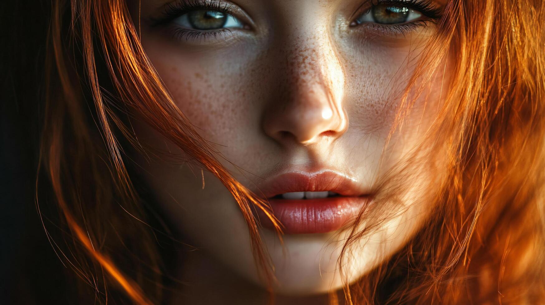 Woman with red hair and freckles is shown with her mouth open. The image has a warm and inviting mood, as the woman's smile and the red hair give off a friendly and approachable vibe photo