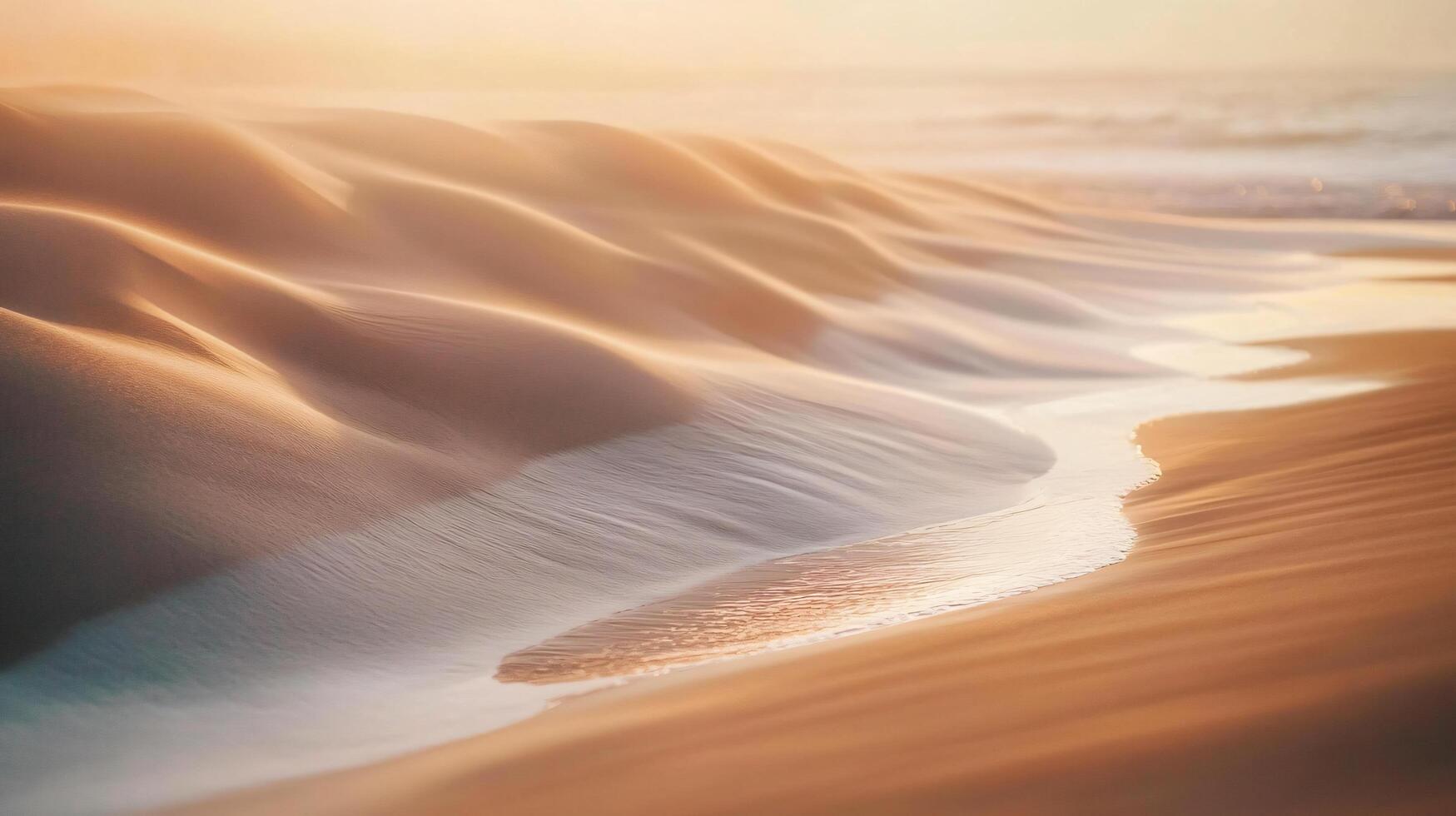 Beach with a body of water in the foreground and a sandy beach in the background. The water is calm and the sand is dry photo