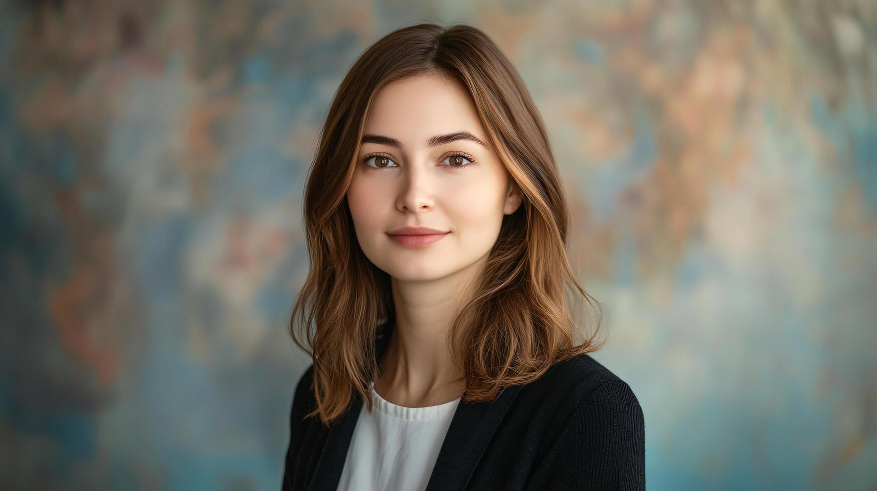 Woman with brown hair and a black jacket is smiling for the camera. The image has a warm and friendly mood, and the woman's smile suggests that she is happy and content photo