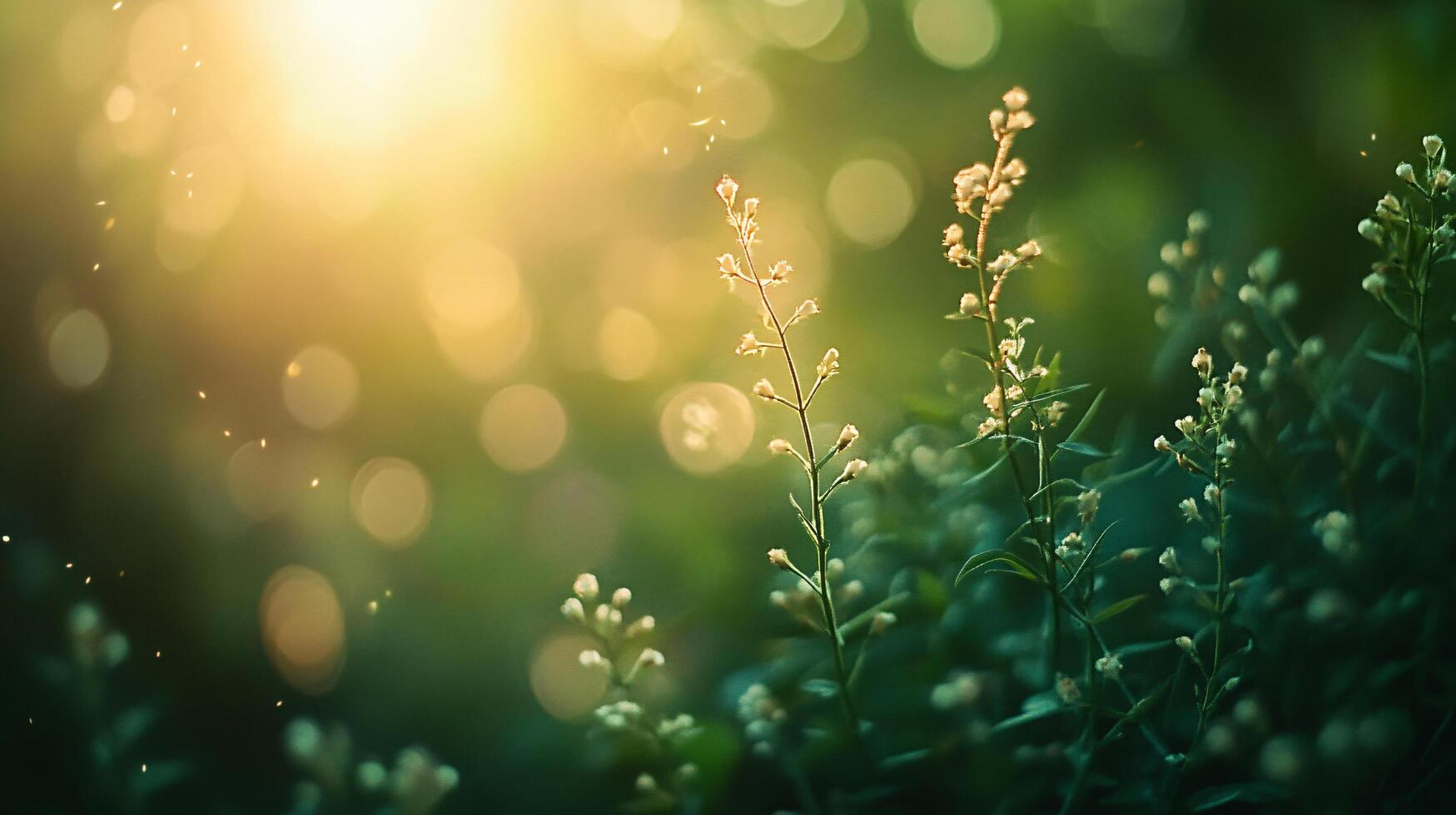 Field of green grass with sun shining on it. The sun is casting a warm glow on the grass, making it look vibrant and lively photo