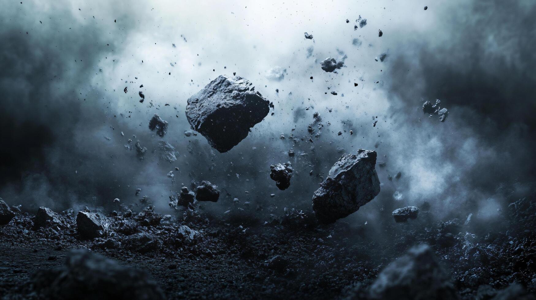Scene of rocks and debris flying through the air. Scene is chaotic and destructive photo
