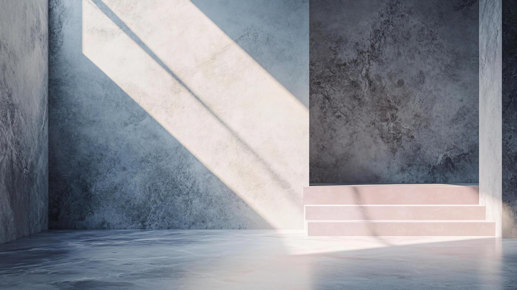 Room with a wall and a staircase. The wall is made of concrete and the staircase is pink. The room is empty and has a lot of light coming in from the window photo
