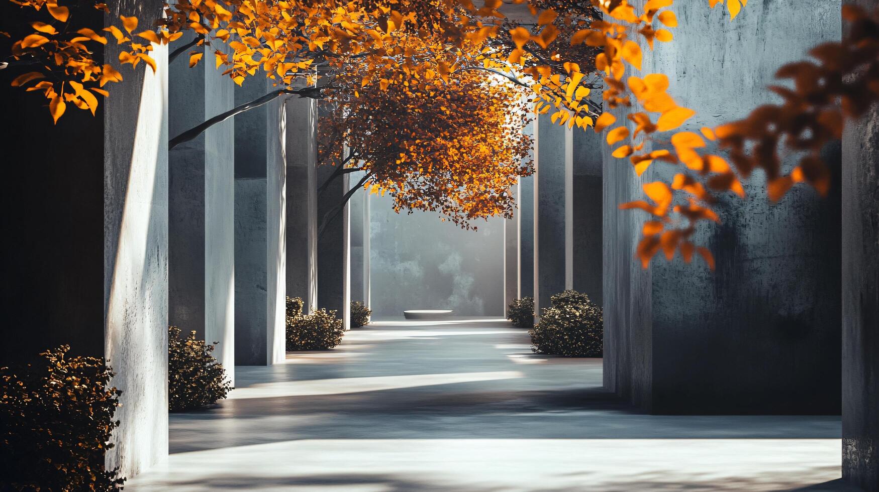Long, narrow hallway with trees on either side. The trees are bare and the leaves are orange. The hallway is empty and the only people visible are in the background photo