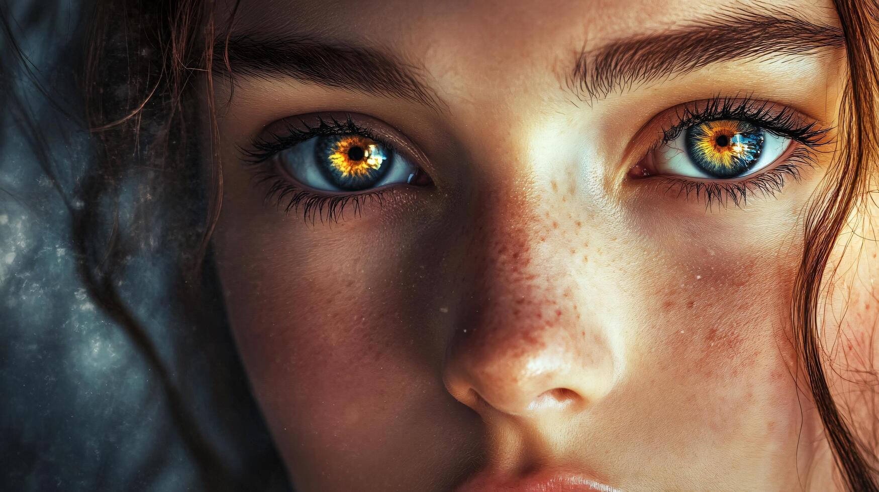 Woman with brown hair and blue eyes. The eyes are bright and the nose is slightly crooked photo