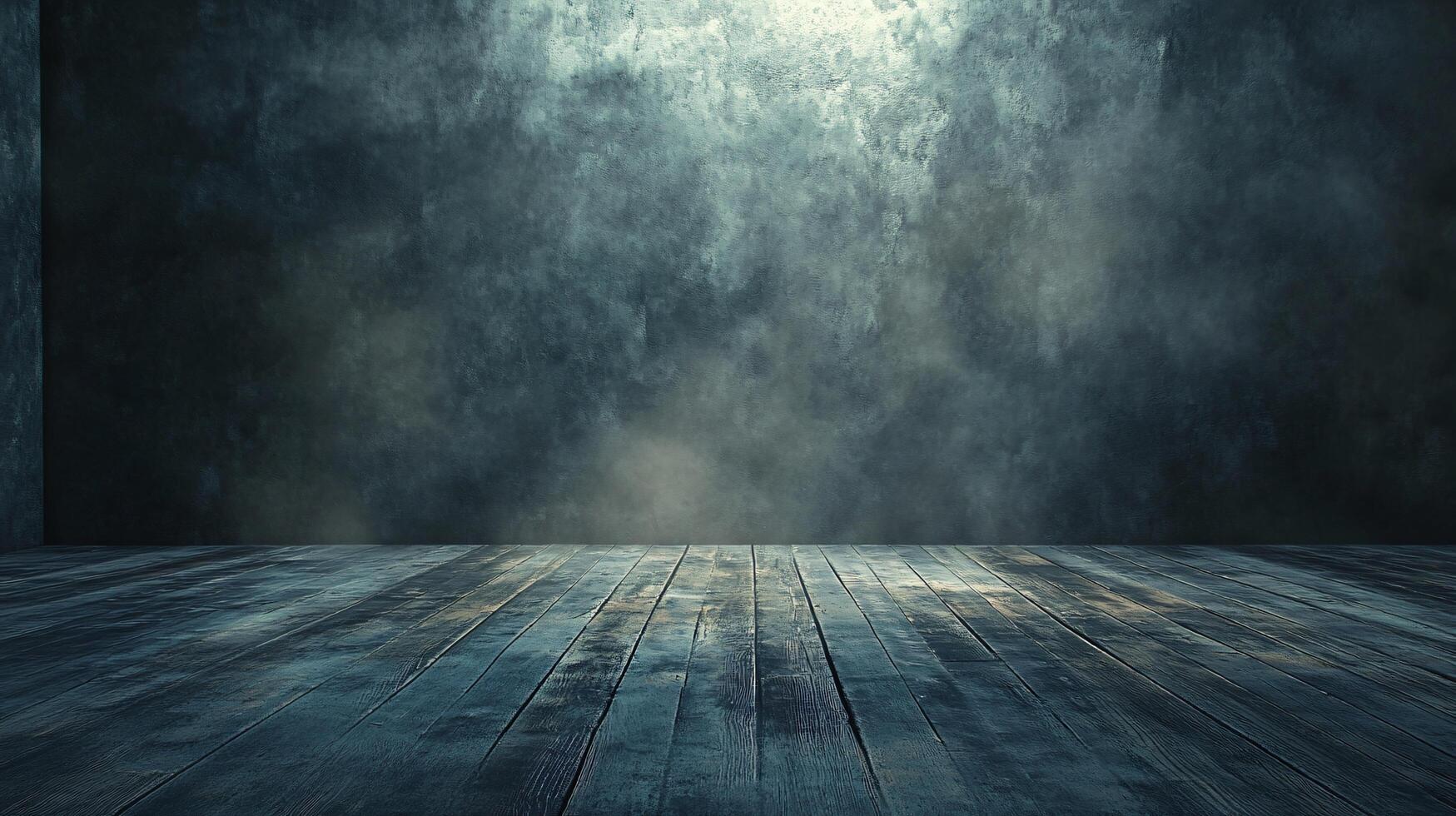 Dark room with a wooden floor and a wall. The room is empty and has a moody atmosphere photo
