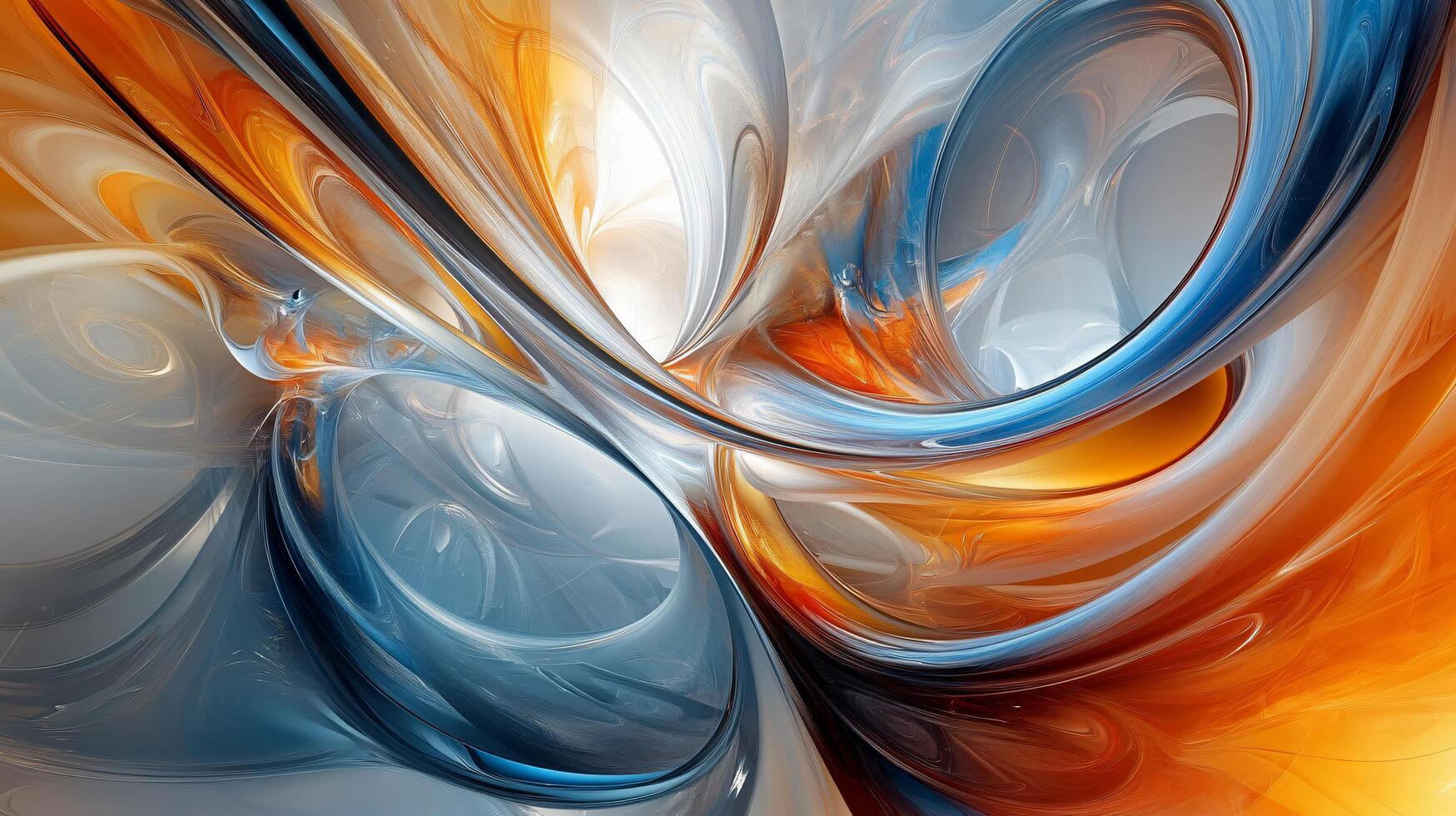 Colorful abstract painting with blue, orange and white swirls. The painting is full of energy and movement, with the colors blending together in a dynamic way photo
