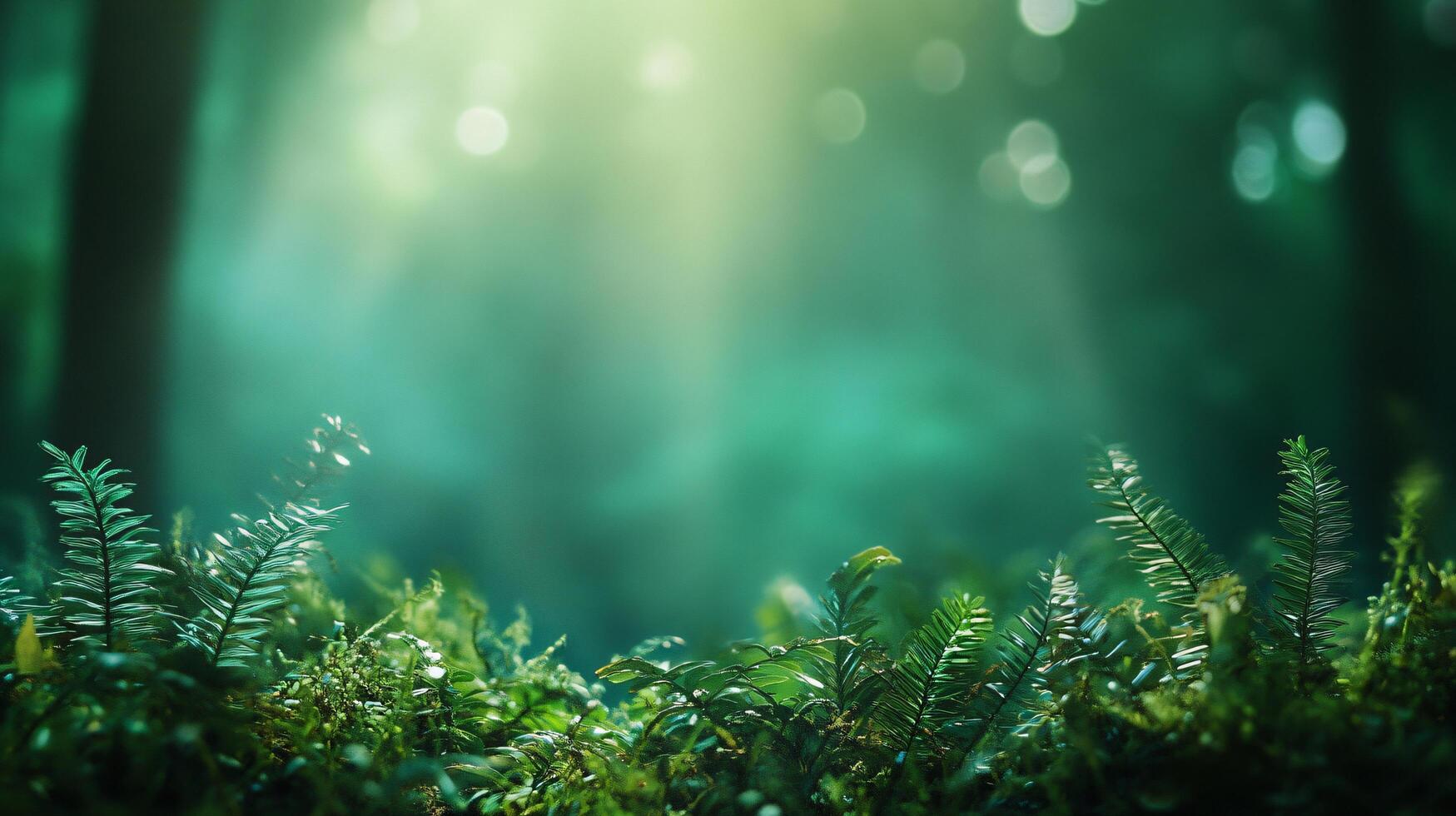 Lush green forest with sunlight shining through the trees. Concept of tranquility and serenity, as the sunlight filters through the leaves and creates a peaceful atmosphere photo