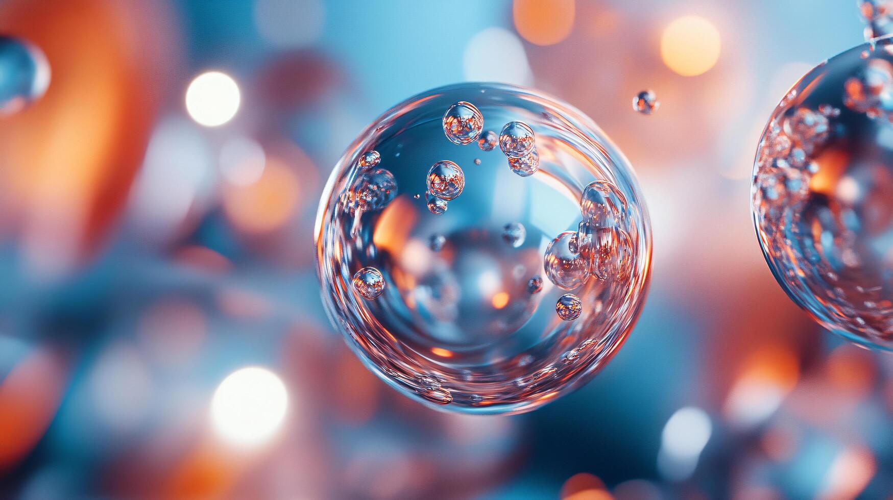 Close up of a clear sphere with many small bubbles inside. The sphere is surrounded by a blurry background with a mix of blue and orange colors. Concept of depth and movement photo