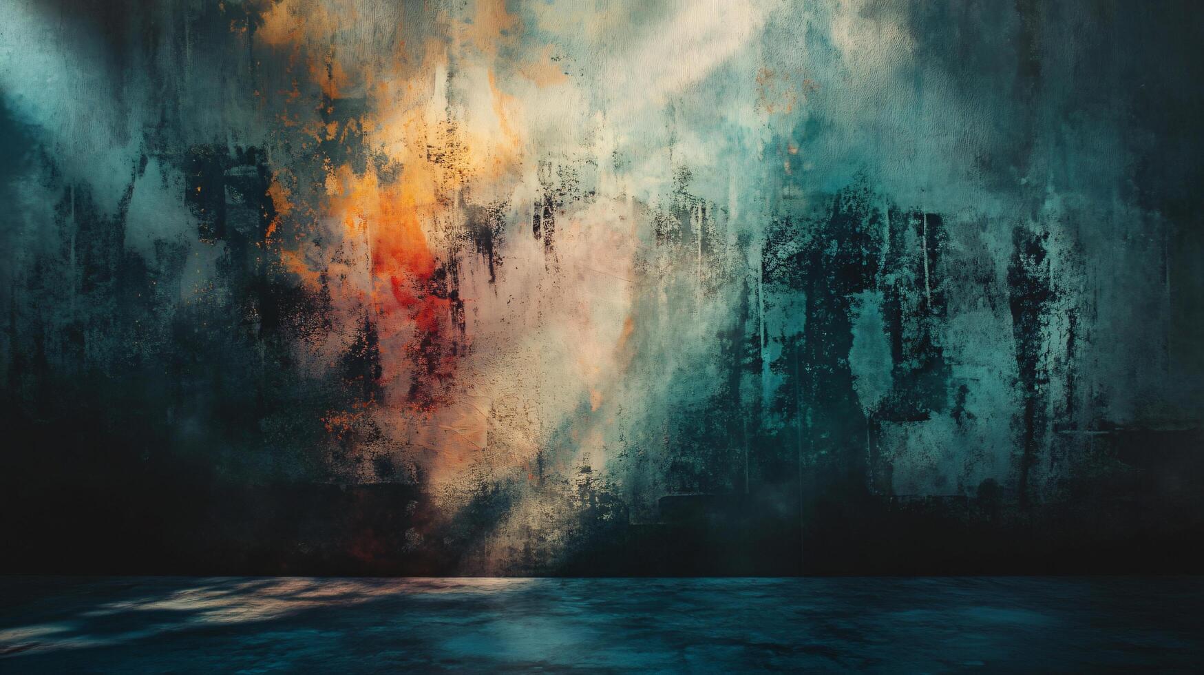 Wall with a graffiti-like design and a splash of color. The wall is made of concrete and has a blue and gray color scheme. The design is abstract and has a sense of chaos and disorder photo