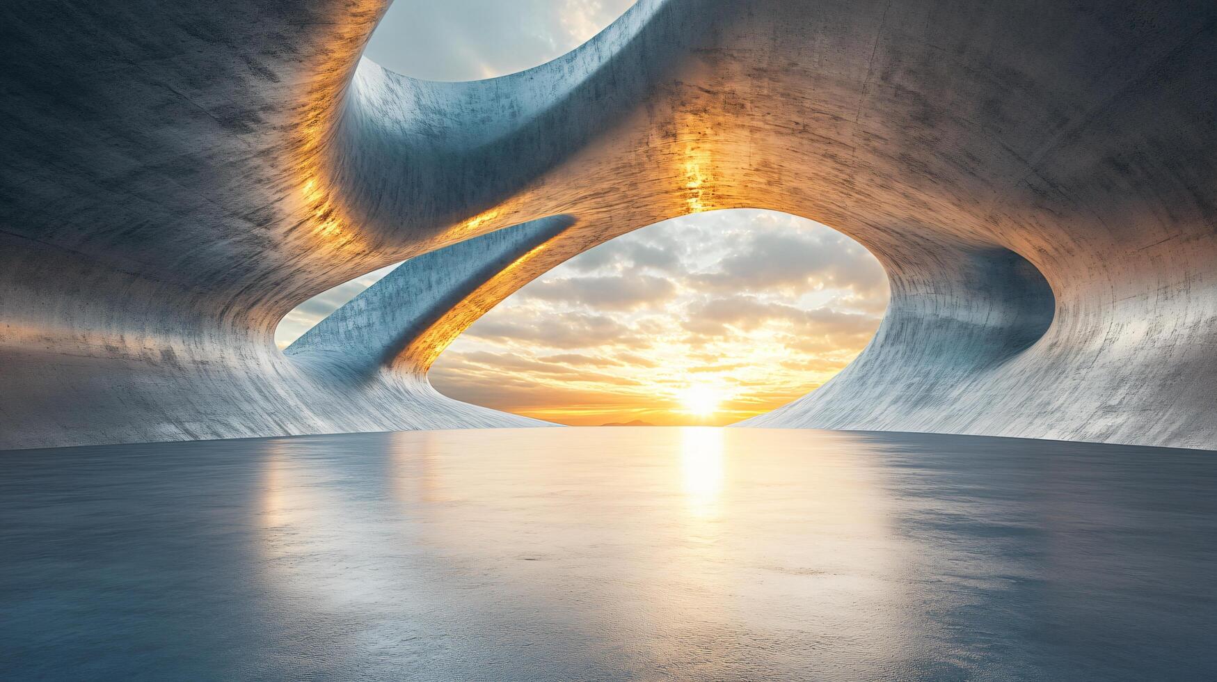 Large, curved space with a sun shining through a hole in the ceiling. The sun is setting, casting a warm glow on the scene photo