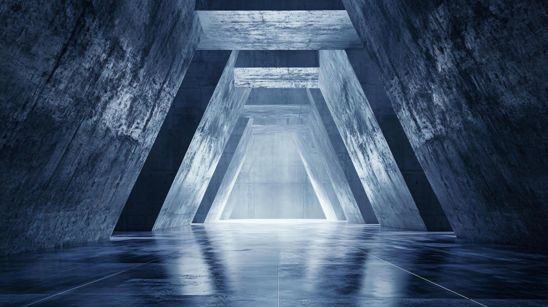 Large, empty, blue room with a slanted ceiling. The room is very dark and has a cold, industrial feel photo