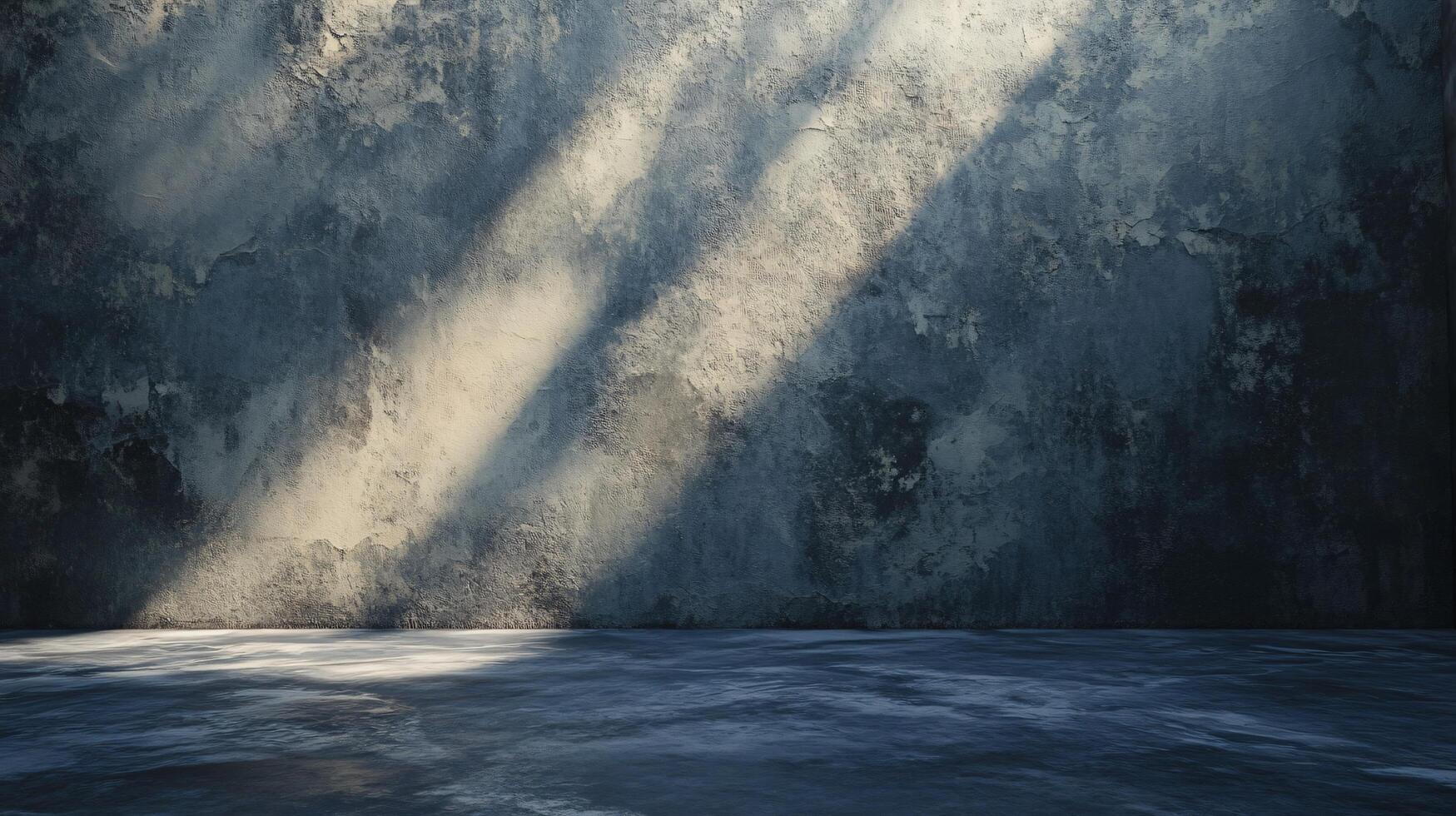 Large wall with a blue and grey color. The wall is empty and has no furniture. The wall is made of concrete and has a rough texture. The wall is in a room with a window photo