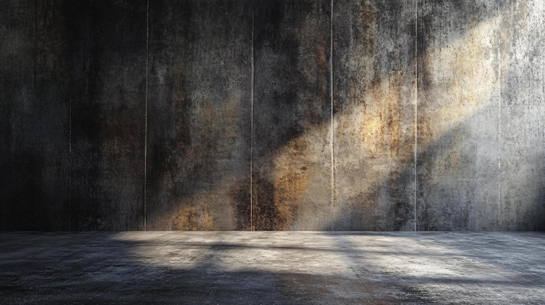 Large, empty room with a wall that is covered in cracks and peeling paint. The room is illuminated by a single light source, casting a shadow on the wall. Scene is somber and desolate photo