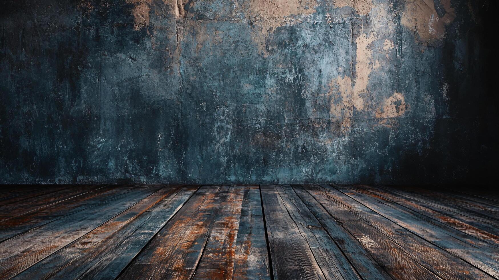 Large, empty room with a wooden floor and a wall with a blue and brown color. The room is empty and has a very simple and minimalistic design photo