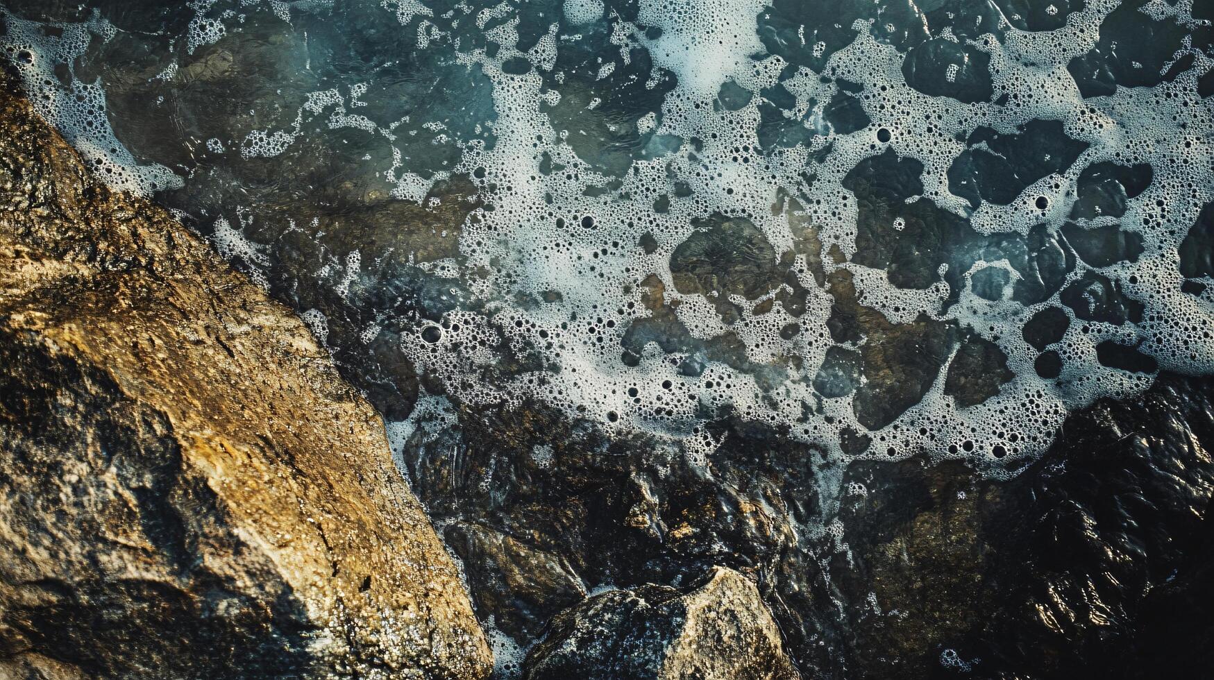 Rocky shoreline with a splash of water. The water is a mix of blue and white, and the rocks are brown. The scene is calm and peaceful, with the water gently lapping against the shore photo