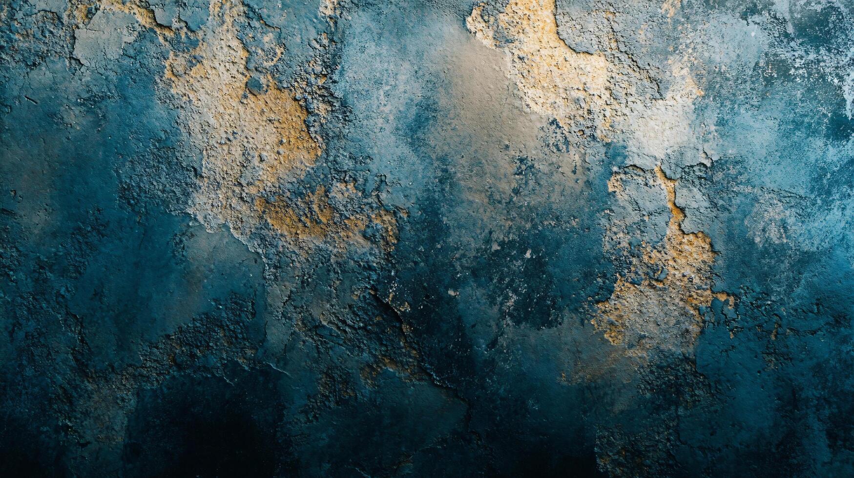 Painting of a wall with a blue background and gold spots. The painting is abstract and has a lot of texture photo