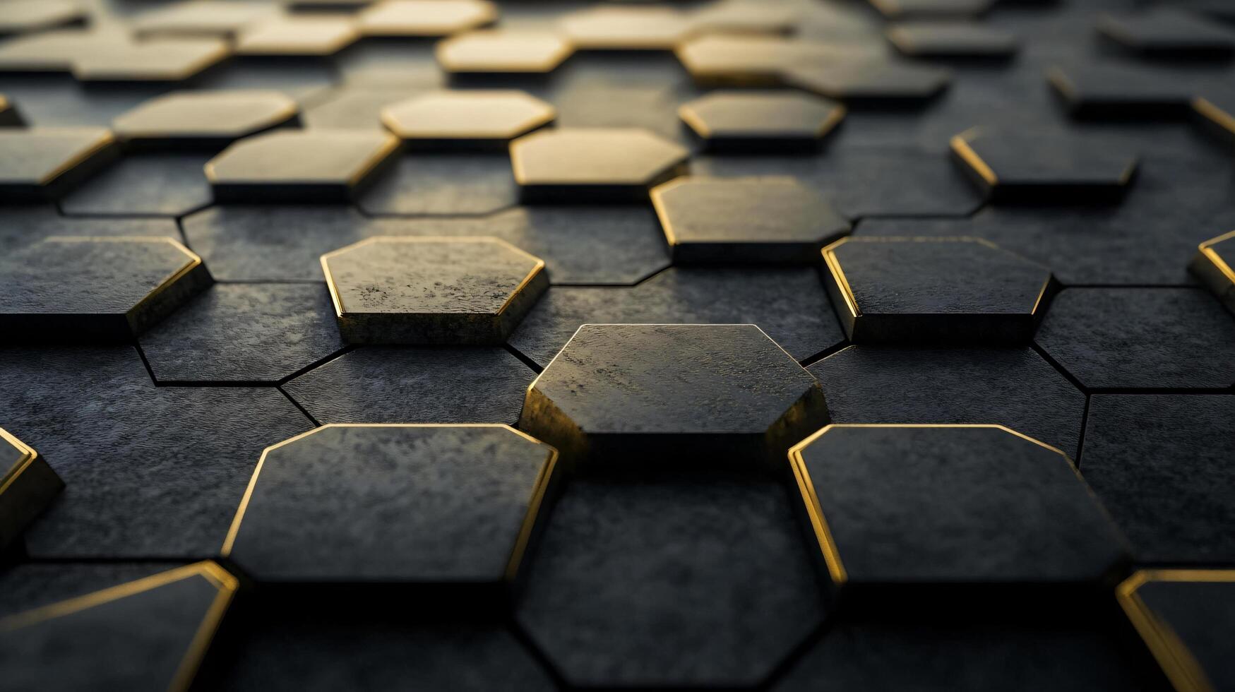 Black and gold patterned floor with hexagonal shapes. The gold accents add a touch of luxury and sophistication to the design. Scene is elegant and modern, with the black photo