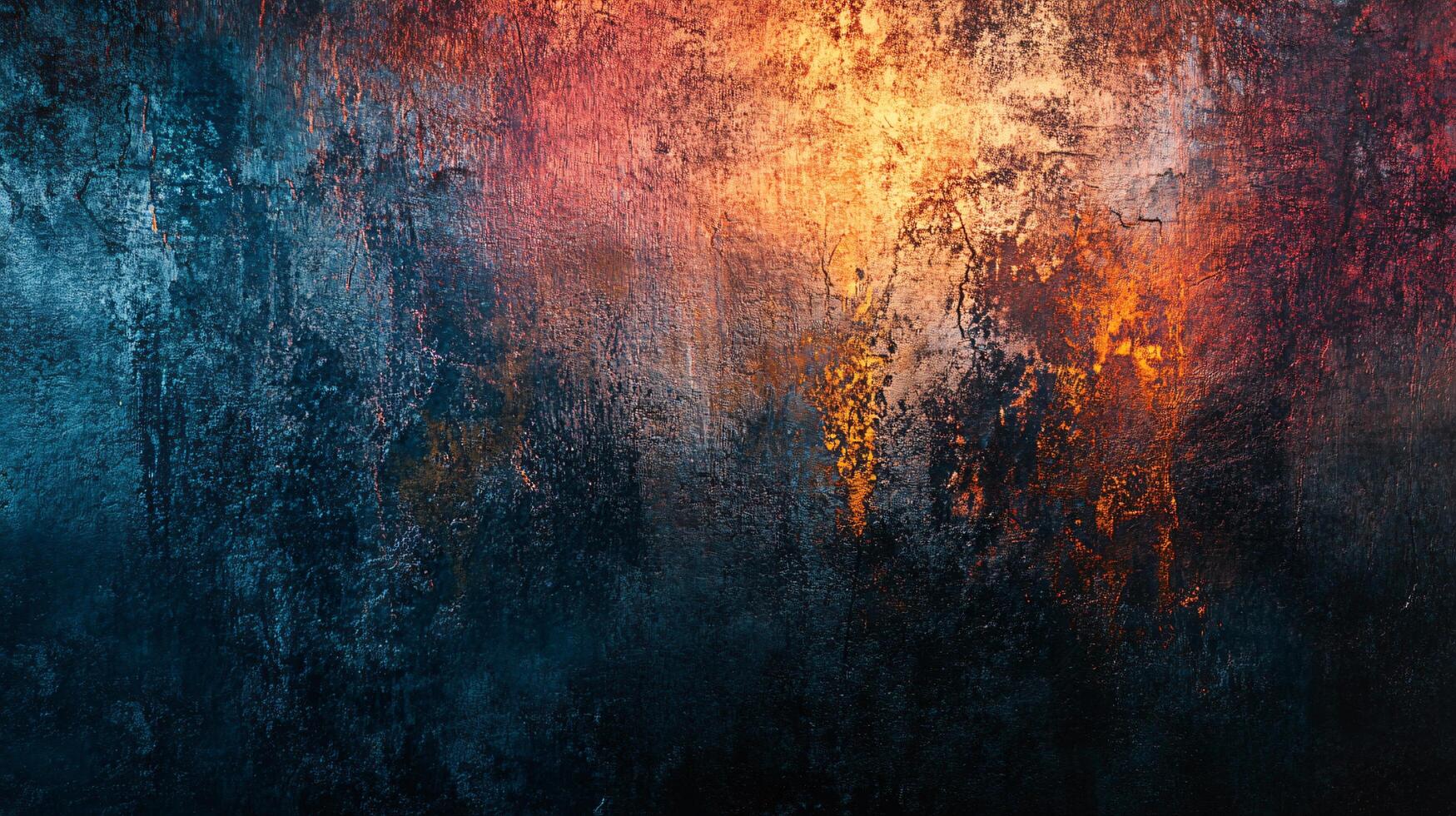 Colorful abstract painting with a blue background and orange and yellow splatters. The painting is full of energy and movement, with the colors blending and overlapping in a dynamic way photo